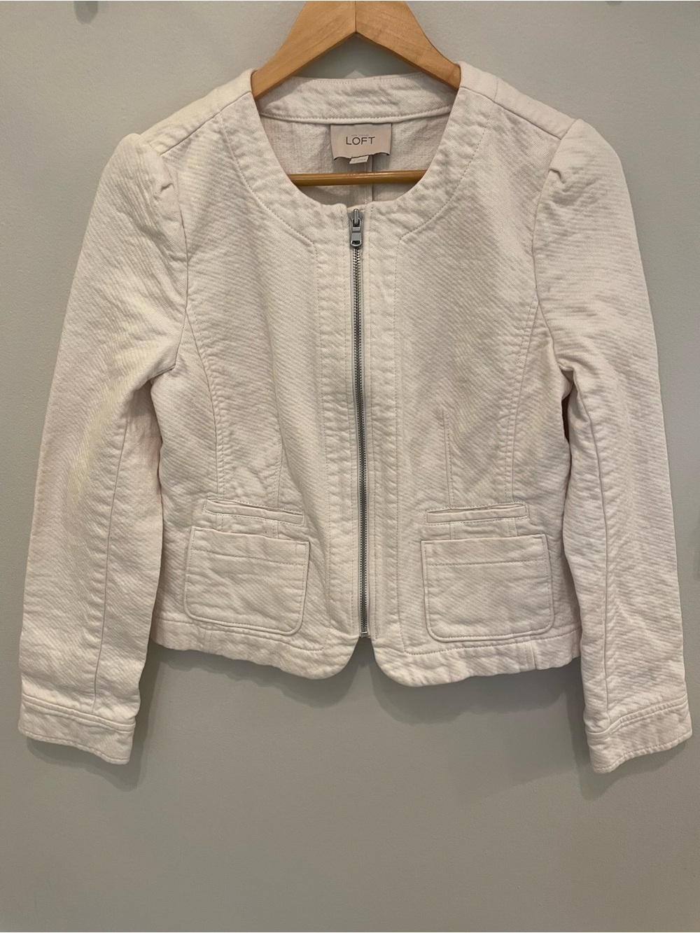 LOFT Cream Textured Zip-Front Denim Blazer/Jacket - Picture 1 of 3